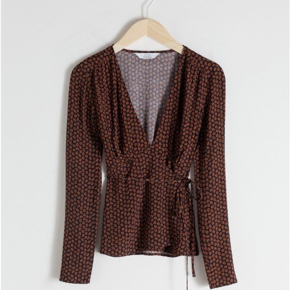& Other Stories Brown Floral Wrap Blouse
